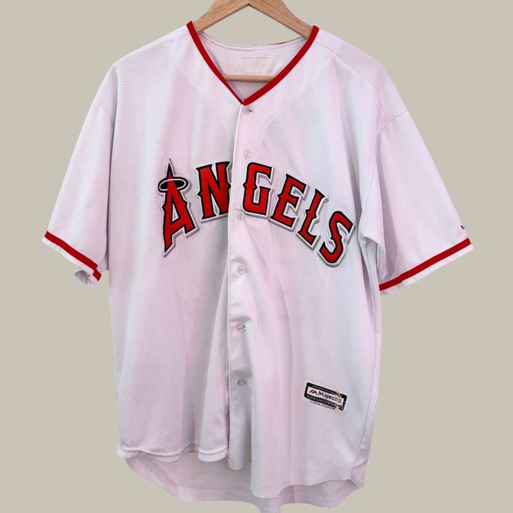 Majestic Mike Trout 27 Los Angeles Angels Jersey White Cool Base Mens L FLAWS